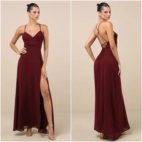 Lulus | Dresses | Lulus Event Ready Backless Lace Up Maxi Dress Medium  Burgundy Chiffon Slit Party | Poshmark